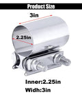 Two Pack 2.25 Inch Exhaust Clamp Kit Stainless Steel Butt Joint Band Sleeve Coupler For Pipes Mufflers And Catalytic Converters Built To Last Heavy Duty Performance Corrosion Resistant showing size 2.25 inch by 3 inch