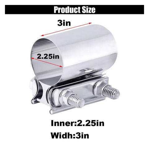 Two Pack 2.25 Inch Exhaust Clamp Kit Stainless Steel Butt Joint Band Sleeve Coupler For Pipes Mufflers And Catalytic Converters Built To Last Heavy Duty Performance Corrosion Resistant showing size 2.25 inch by 3 inch