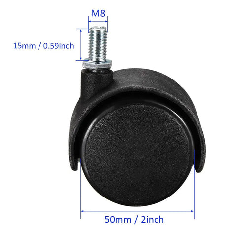 Super Smooth Silent Nylon Twin Wheel Furniture Casters With M8x15mm Threaded Stem showing 50mm size and quiet design for easy movement.