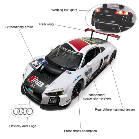 Audi R8 LMS Style Remote Control Car 1 14 Scale High Speed RC Toy for Adults Kids with labeled features and official Audi logo