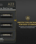 High Performance A23 Batteries 6 Pack 12V Alkaline Power For Garage Door Remote Home Security Keypads Smart Locks And Battery Toys Rock Solid Built Different sealed in protective packaging for easy storage.
