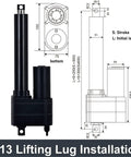 Heavy Duty Linear Actuator Packing A Hefty 10000N Push Force With Waterproof Stainless Steel Housing For Tough Job Sites Powered By Smooth 12 Volt DC Motor Covering 150 mm Stroke Travel shows dimensions and installation details.