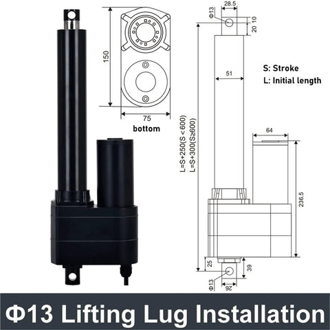 Heavy Duty Linear Actuator Packing A Hefty 10000N Push Force With Waterproof Stainless Steel Housing For Tough Job Sites Powered By Smooth 12 Volt DC Motor Covering 150 mm Stroke Travel shows dimensions and installation details.