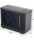 Compact 12V Car And Home Mini Air Cooler With Evaporative Water Cooling And Two Speed Switches, 20cm x 11cm x 15cm in black.