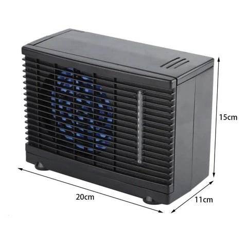 Compact 12V Car And Home Mini Air Cooler With Evaporative Water Cooling And Two Speed Switches, 20cm x 11cm x 15cm in black.