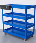 Blue metal shelving cart with four shelves and a black storage drawer, ideal for organizing workspaces and garages.