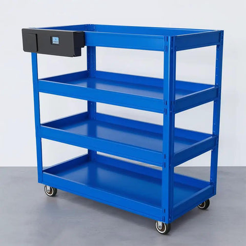 Blue metal shelving cart with four shelves and a black storage drawer, ideal for organizing workspaces and garages.