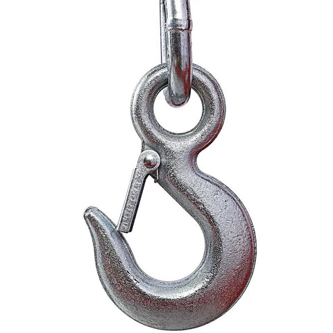 No Sweat Lifting Two Ton Folding Hydraulic Engine Hoist Cherry Picker hook detail for garage mechanics with safety latch.