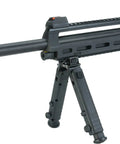 Close-up of Tac6 CO2 Powered Airsoft Rifle with bipod, black finish, muzzle and Picatinny rail, for field play and training.