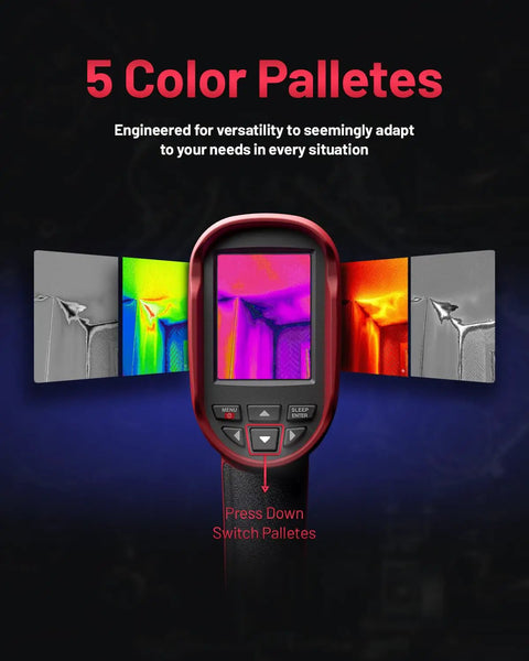 Handheld Thermal Imaging Camera With 240 By 240 TSIR Sensor, -4F To 1022F Range, 25Hz Refresh Rate, 18 Hour Battery, 2.8 Inch Screen, LED Lamp, 16 GB Storage, Temp Alerts, Auto Shutdown, IP54 Rugged Design showing 5 color palettes