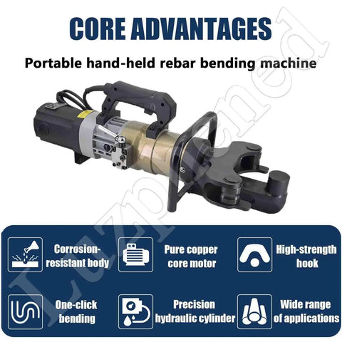 Hydraulic Rebar Bender And Straightener For 8-36 Mm Steel Bars Fast Mid Low Carbon Construction Tools showing portable machine with hoses and motor.