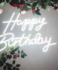LED Neon Happy Birthday Sign Night Light For Party Backdrops And Bedroom Wall Decor USB Powered White Glow with floral accents