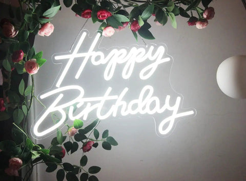 LED Neon Happy Birthday Sign Night Light For Party Backdrops And Bedroom Wall Decor USB Powered White Glow with floral accents
