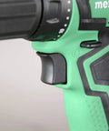 Close-up of Beast Cordless Drill 18V One Half Inch Subcompact Brushless Driver handle and trigger in green and black.