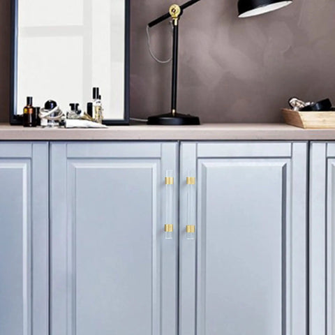Brushed Brass Clear Crystal Acrylic Cabinet Pulls 4.25 Inch Center To Center Drawer Knobs Gold Dresser Handles on modern cabinet