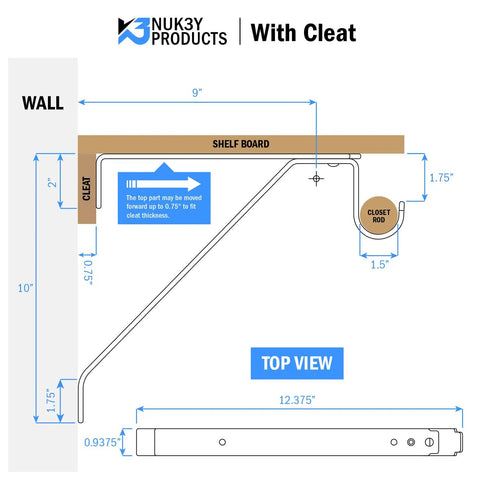 Heavy Duty Adjustable Shelf Rod Support Bracket With Mounting Screws, White Finish, Twelve And A Quarter Inch Projection, Durable Closet And Garage Shelf Bracket For Strong Support