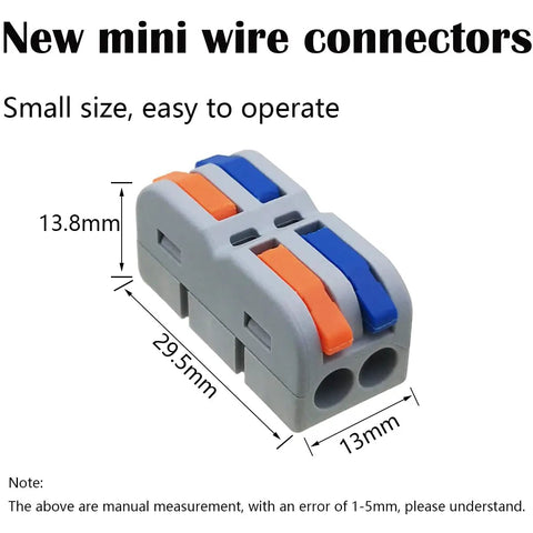 14 Pcs Mini Lever Nut Wire Connectors Set SPL 2M Multicolor Quick Terminal Blocks For Easy DIY Electrical Wiring Free Combos With SPL 4M 6M 8M 10M 250V 32A Handles 0.08 To 4mm2 28 To 12 AWG compact gray connector with orange and blue levers, 29.5x13x13.8mm