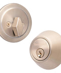 Single Cylinder Front Door Deadbolt Lock Set With Anti Bump Protection, Keyed Entry, Satin Nickel Finish, exterior close-up