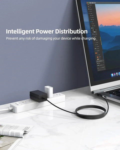 Built Tough As Nails Yet Rock Solid 12V 2A Laptop Power Adapter Wall Charger with black cable on a desk, perfect for home office use.
