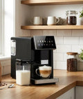 Premium Automatic Espresso Machine Featuring Integrated Grinder And Quick Froth Wand Plus 20 Bar Dual Boiler Coffee Maker on kitchen counter.