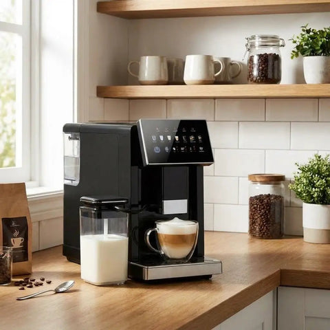 Premium Automatic Espresso Machine Featuring Integrated Grinder And Quick Froth Wand Plus 20 Bar Dual Boiler Coffee Maker on kitchen counter.