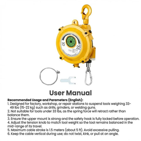 Spring Balancer 33-49 Lbs Tool Balancer With Adjustable Retractable Holder and user manual displayed