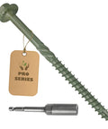 40 Pack Self Drilling Timber Screws Heavy Duty Structural Wood Fasteners For Decks And Barns Green Corrosion Resistant Finish with hex socket and label.