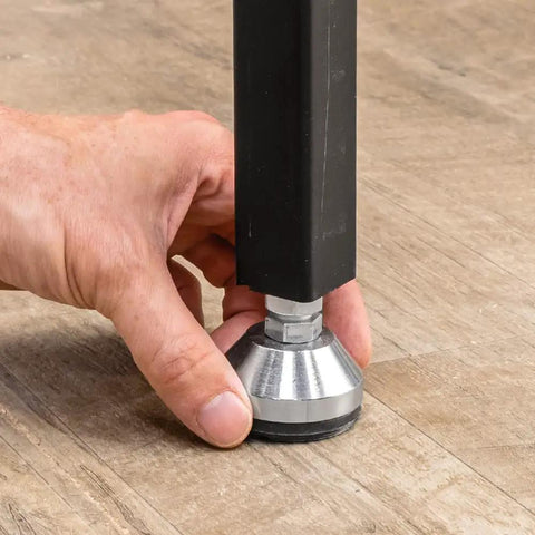 Hand adjusting leveler on Knock Down Outfeed Table Kit With Foldable Legs For Small Shops, removable extension for table saws.