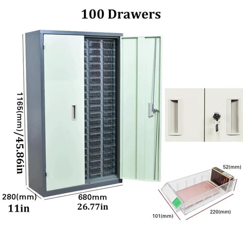 Heavy Duty 100 Drawer Steel Small Parts Cabinet open with bins, dimensions 1165x680 mm, ideal for organized tool sorting.