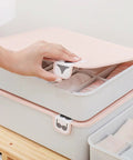 Sweet Hot Pink PP Underwear Storage Bin With Write On Lid fitting in drawer, organized lingerie and socks inside.