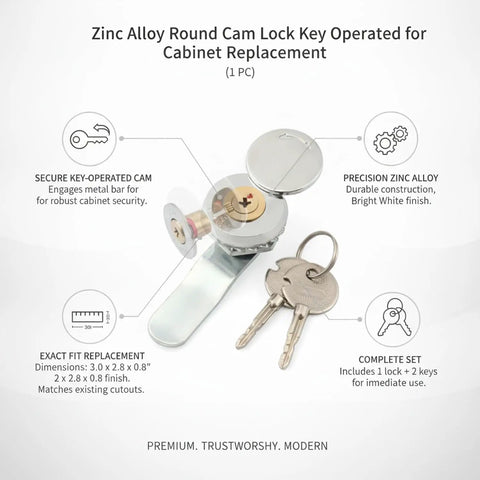 Zinc Alloy Round Cam Lock For Cabinets And Tool Boxes With Key Operated Security, showing lock and keys, 3.0 x 2.8 x 0.8 inches.