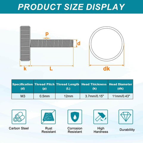 Technical diagram and specifications for Knurled Thumb Screw Set 20 Pieces M3 X 12mm Black Steel Flat Head