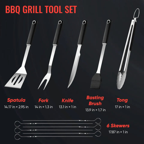 Stainless Steel BBQ Grill Tools Set For Outdoor Grilling Includes Tong Spatula Fork Knife Basting Brush Six Skewers And Gift Box