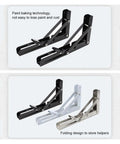 Foldable Triangular Stainless Steel Wall Shelf Brackets Set Of 2, black, white, silver, for adjustable table support and space saving.