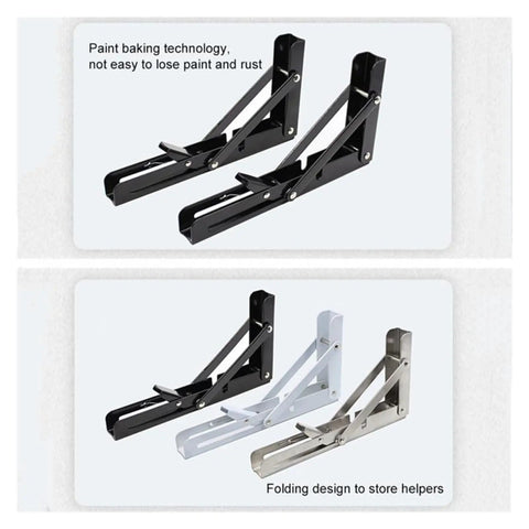 Foldable Triangular Stainless Steel Wall Shelf Brackets Set Of 2, black, white, silver, for adjustable table support and space saving.