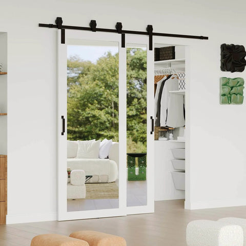 Space Saving Bypass Barn Door Set 60 By 84 Inches With Dual 30 By 84 Panels Single Track For Double Mirror Doors MDF Painted White Six Foot Sliding Hardware Kit No Fuss Easy DIY Install Modern Quiet installed in living room