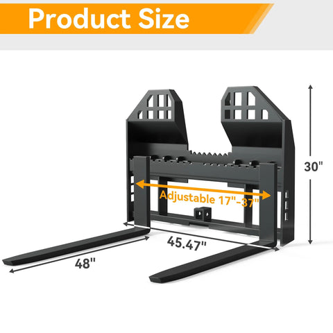 45 Inch Skid Steer Pallet Fork Frame With 48 Inch Fork Blades, 4000 Lb Capacity, showing adjustable blade spacing.