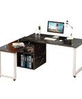 Polymorphic Computer Desk With Transformable Dual Workstation, Lacquered Steel Frame Legs, Easy Peasy Foldable Office Table, Built In Storage Shelves, Straight Up Game Changing Hustle Station, Sleek Black Finish with storage and computer setup.