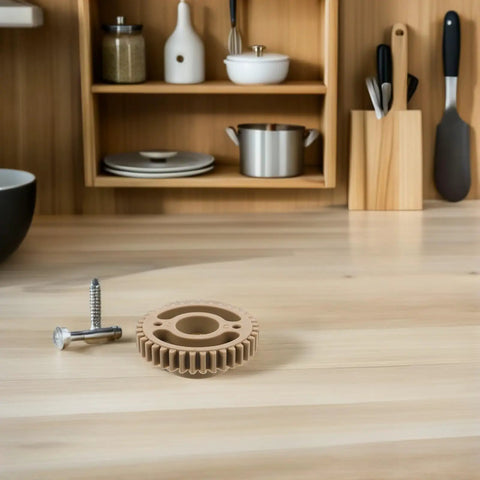 Beefed Up Replacement Gear For Electric Cup Sealing Machines Made From Durable Plastic, Helps Prevent Leaks And Spills, Stable Performance For Beverage Service, Easy Install And Long Lasting Wear. tan plastic gear with screws on wood counter