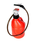 Battery-powered fuel transfer pump mounted on red plastic gas can with 4.27ft vinyl hose and pistol-grip nozzle.