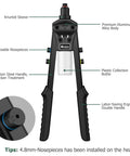 Beefy Heavy Duty 1/4 Inch Rivet Gun Kit With 200 Blind Rivets, 5 Nosepieces; ergonomic handle and collection bottle visible