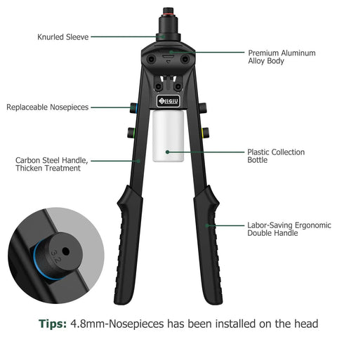 Beefy Heavy Duty 1/4 Inch Rivet Gun Kit With 200 Blind Rivets, 5 Nosepieces; ergonomic handle and collection bottle visible