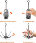 Four Claw Folding Stainless Steel Grappling Hook With 65 Foot Rope For Anchor Retrieval Outdoor Hiking Tree Limb Removal And Water Salvage Heavy Duty Construction For Rugged Outdoor Use Durable Folding Mechanism And Secure Claw Locking showing step-by-step folding process.