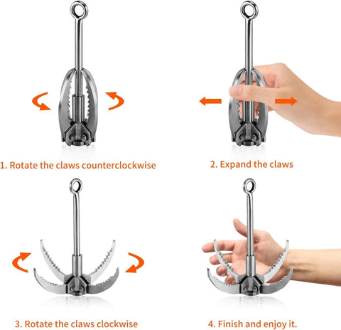 Four Claw Folding Stainless Steel Grappling Hook With 65 Foot Rope For Anchor Retrieval Outdoor Hiking Tree Limb Removal And Water Salvage Heavy Duty Construction For Rugged Outdoor Use Durable Folding Mechanism And Secure Claw Locking showing step-by-step folding process.