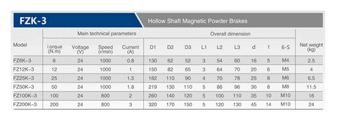 Table showing technical specifications for FZK-3 series powder brakes, including Powder Brake FZ50K3 For CNC Machines And Printing Presses With High Frequency Operation Easy Install Superior Heat Dissipation And Pro Grade Heavy Duty Performance For Precision Tooling.