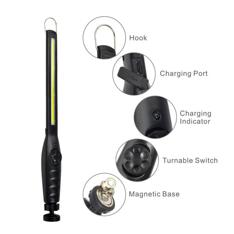 Rechargeable COB Work Light With 700 Lumens Magnetic Cordless LED for car repair, show hook, charging port, indicator, switch, magnetic base