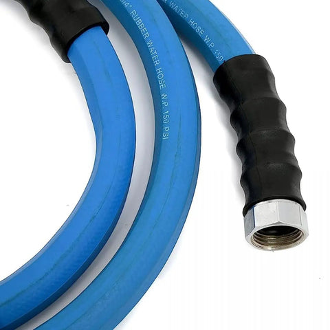 Ultra Lightweight Rubber Farm Hose For Ranch Work Three Quarter Inch By Fifteen Feet, 500 PSI, blue hose with brass fitting