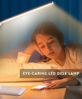Child reading under Game Changing LED Desk Lamp With Wireless Charger And USB Port, Dimmable Eye Caring Reading Light, Pink
