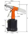 Votoer Air Rivet Gun Hydraulic Pneumatic Riveter Tool Set With One Hand Operation Lightweight Aviation Aluminum Body showing size dimensions and design features.