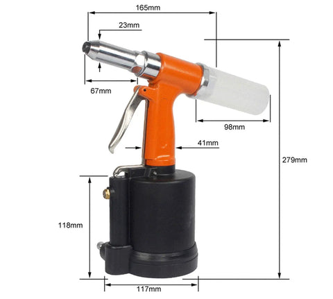 Votoer Air Rivet Gun Hydraulic Pneumatic Riveter Tool Set With One Hand Operation Lightweight Aviation Aluminum Body showing size dimensions and design features.